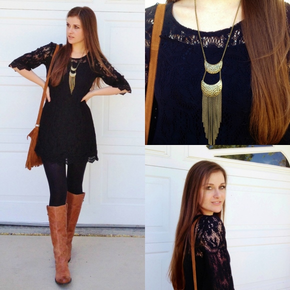 Black dress with tan top boots